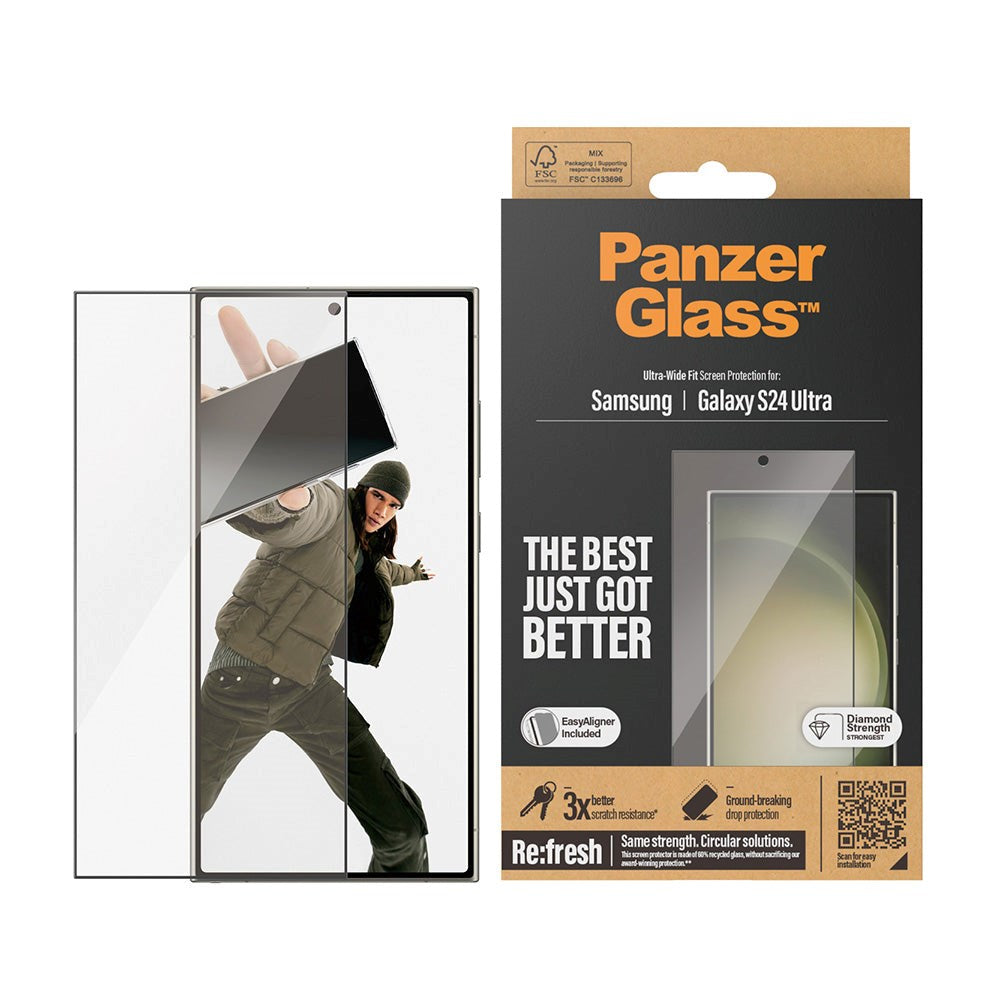 PanzerGlass Samsung Galaxy 24 Ultra Ultra Wide Fit Re:fresh Beskyttelsesglas m. EasyAligner - Diamond Strength - Sort Kant