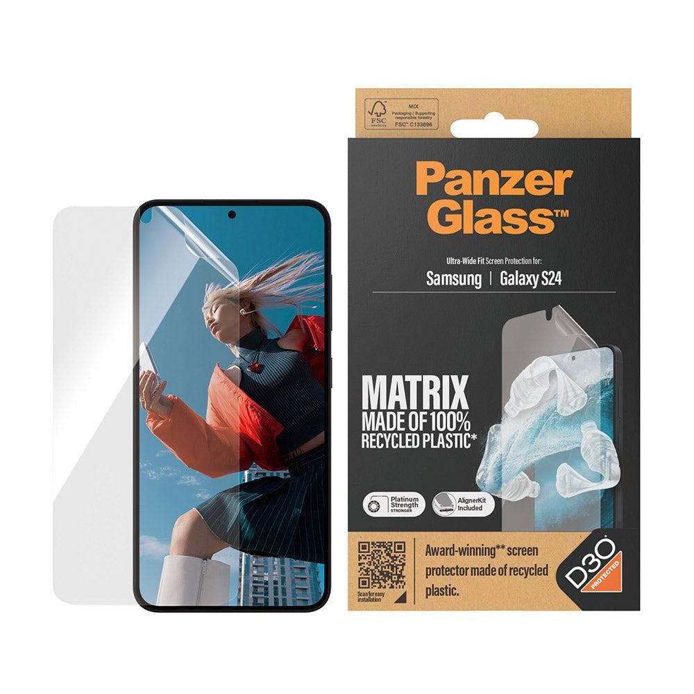 PanzerGlass Samsung Galaxy S24 Matrix AntiBacterial Ultra Wide Fit Plastikbeskyttelse - AlignerKit - Platinum Strength - Gennemsigtig