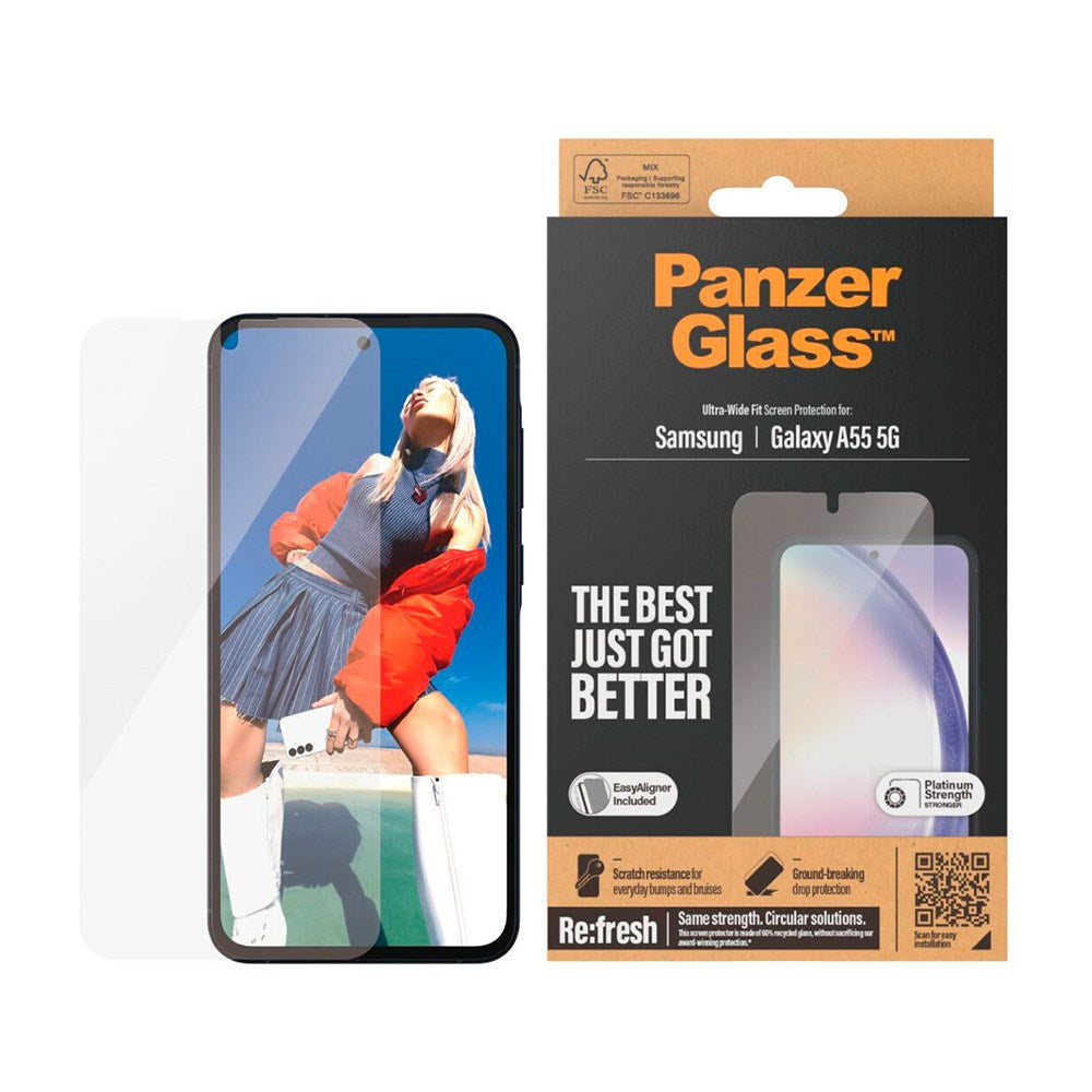 PanzerGlass Samsung Galaxy A55 (5G) - Ultra Wide Fit Re:fresh Beskyttelsesglas m. EasyAligner - Platinum Strength - Gennemsigtig