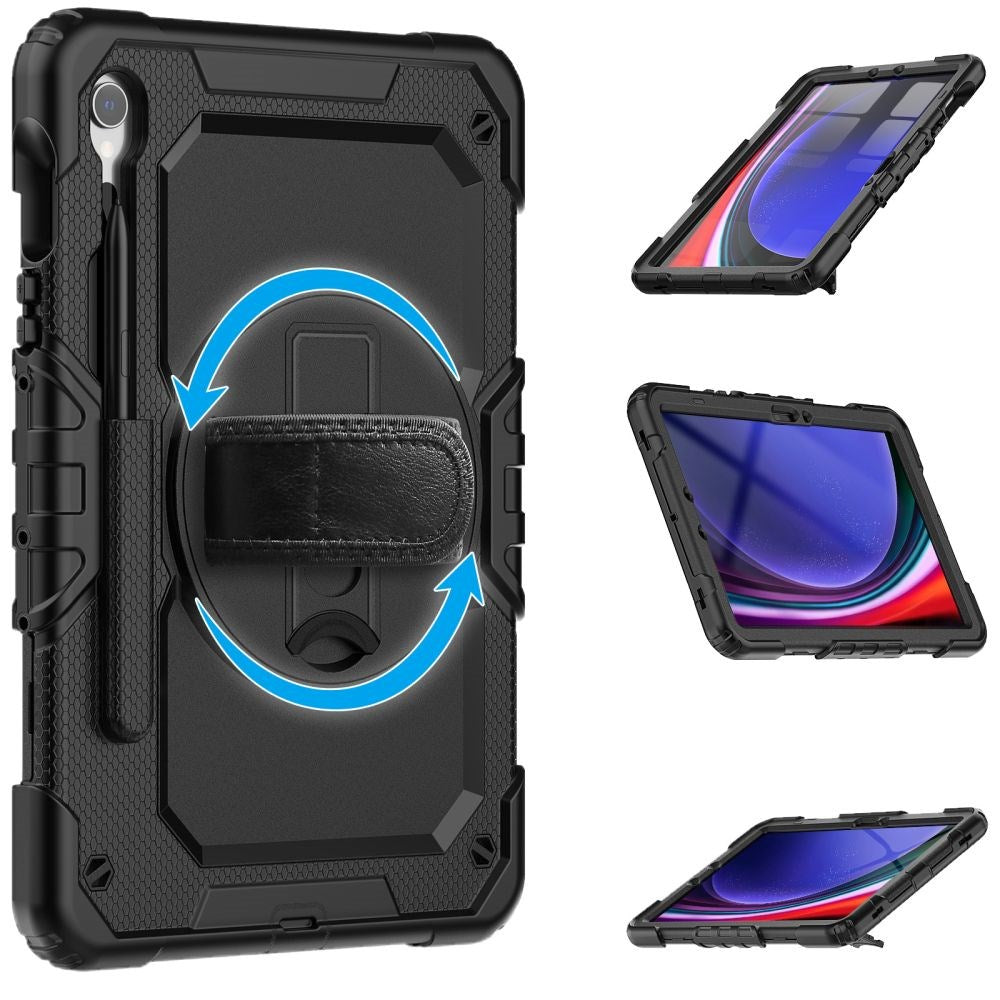 Samsung Galaxy Tab S10 FE / S9 FE Cover m. Beskyttelsesfilm, Håndholder & Skulderstrop - Tech-Protect Solid360 - Sort