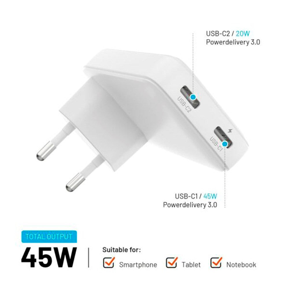 Fixed Slim GaN 90W - Superhurtig USB-C Oplader med 2 Porte - 45W - Hvid