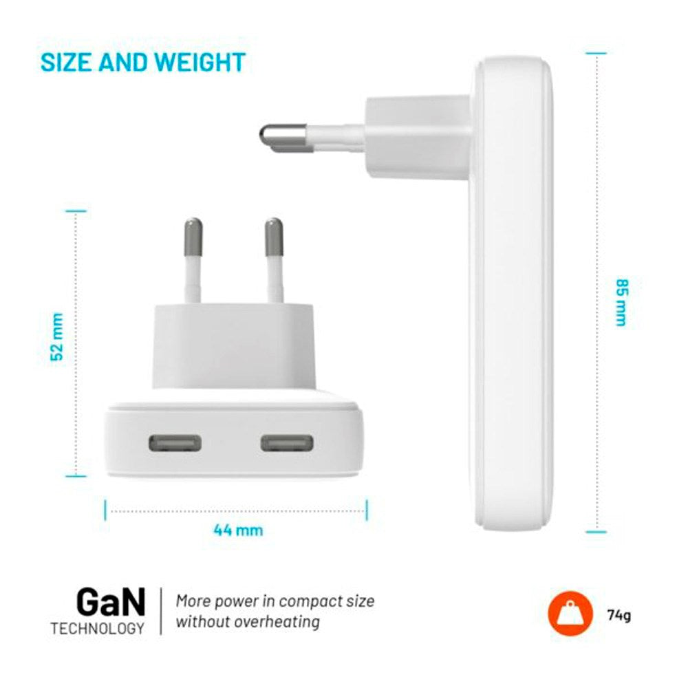 Fixed Slim GaN - Superhurtig USB-C Oplader med 2 Porte - 45W - Hvid