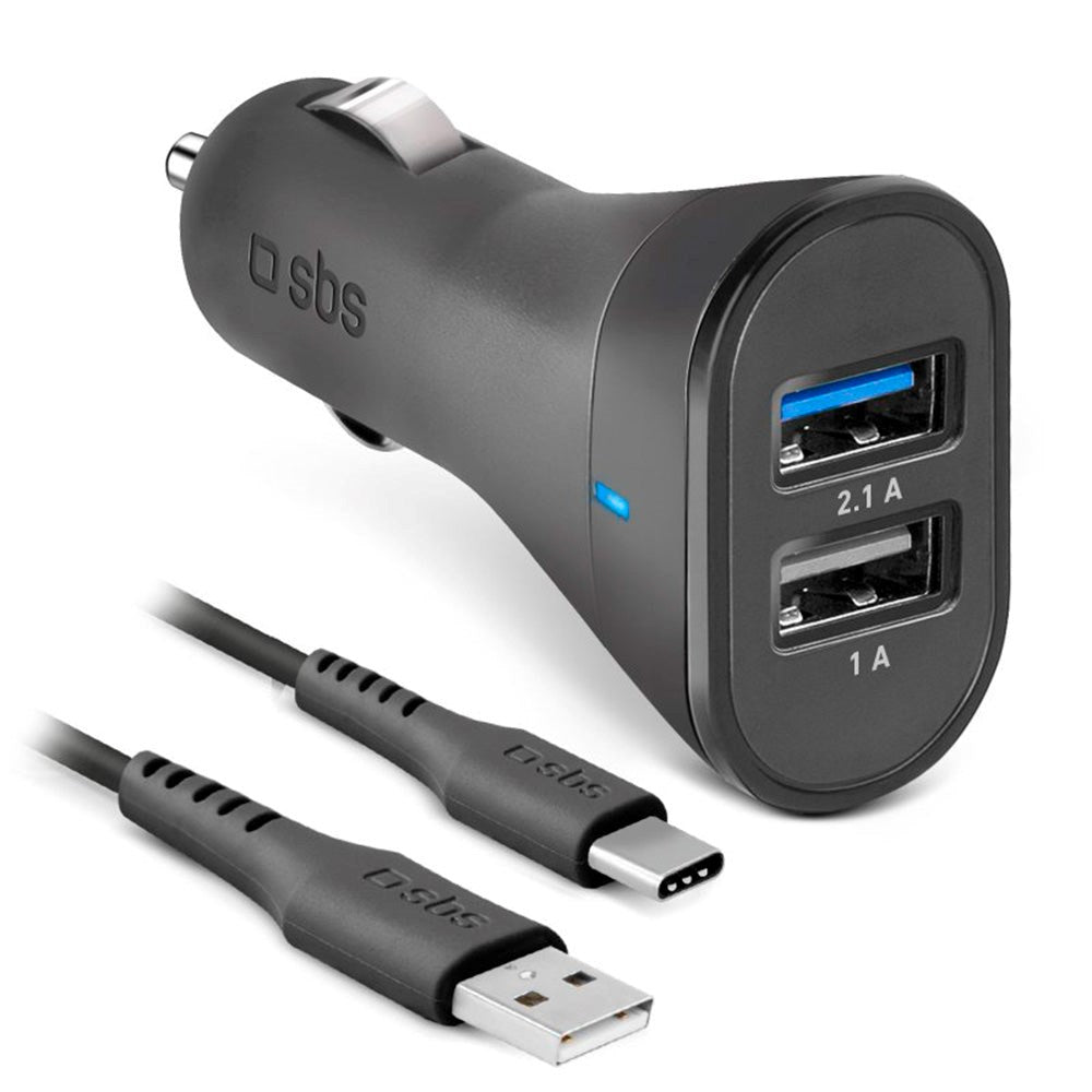 SBS 10W Biloplader Sæt m. 2 x USB-A & USB-A til USB-C Kabel - Sort
