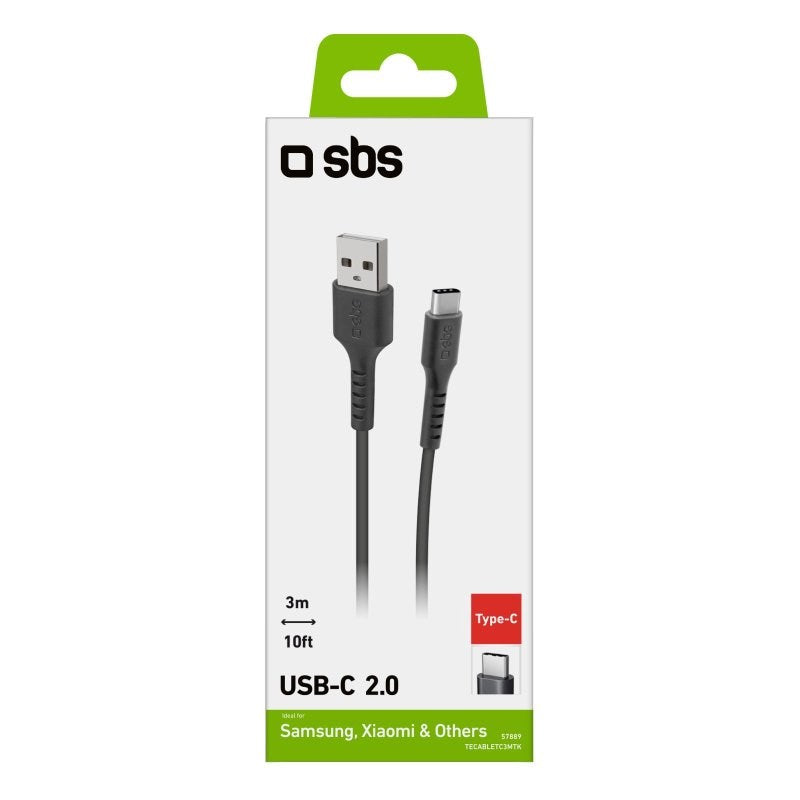 SBS USB-C Ladekabel - 3 Meter - 480 Mbit/s - Sort