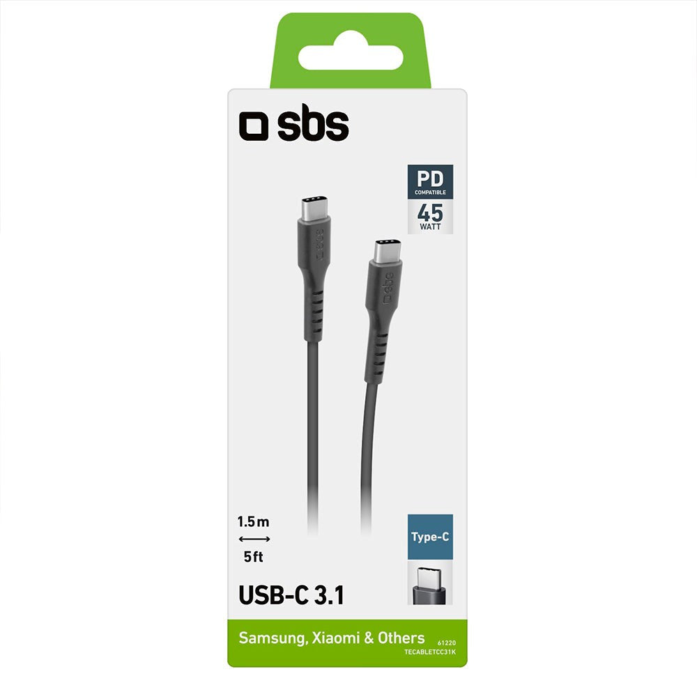 SBS USB-C til USB-C 3.1 Ladekabel - 1.5 Meter - 10 Gbit/s / 45W (PD) - Sort