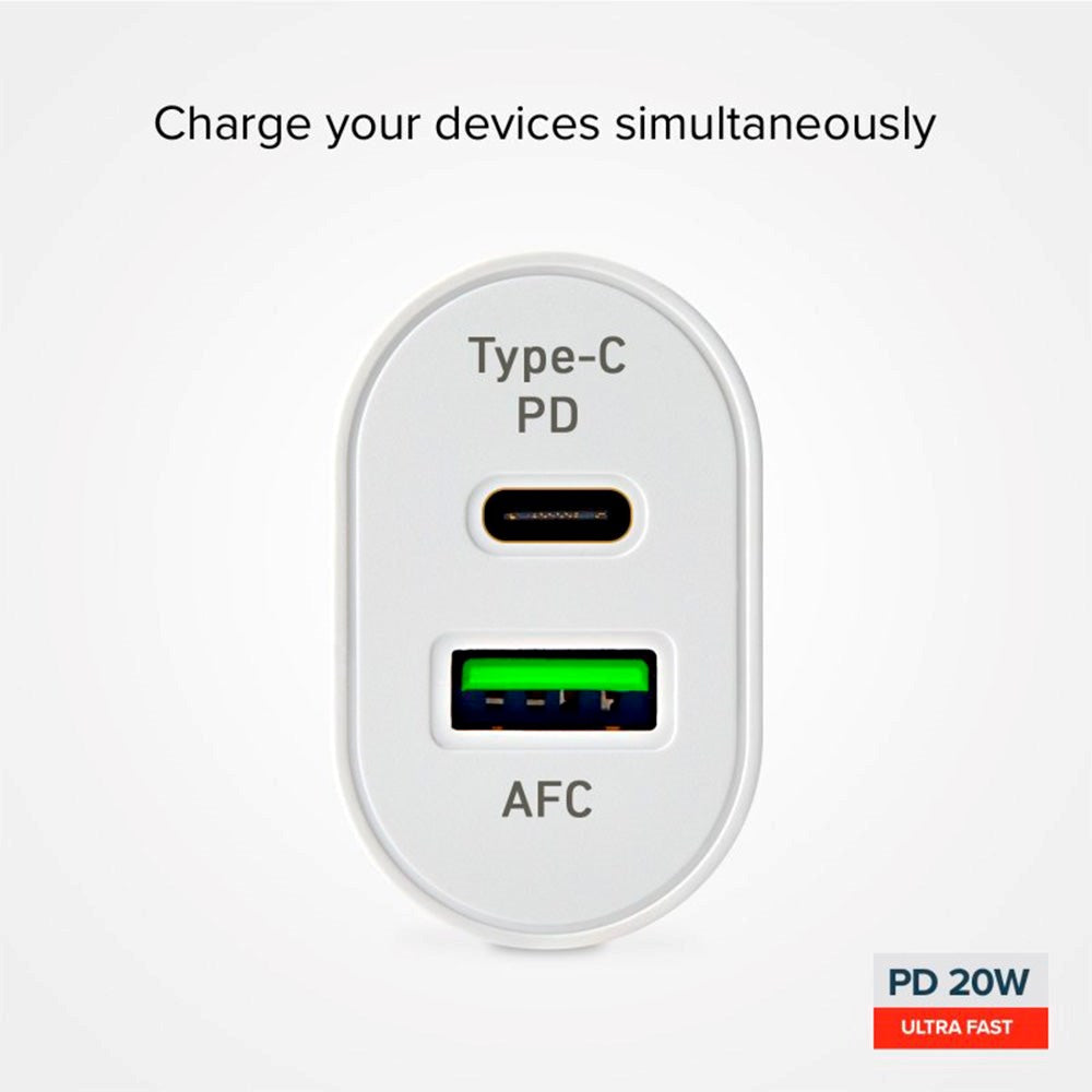 SBS 20W PD & AFC Vægoplader m. USB-C & USB-A - Hvid