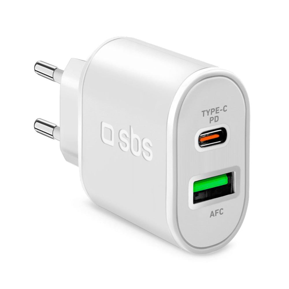 SBS 20W PD & AFC Vægoplader m. USB-C & USB-A - Hvid