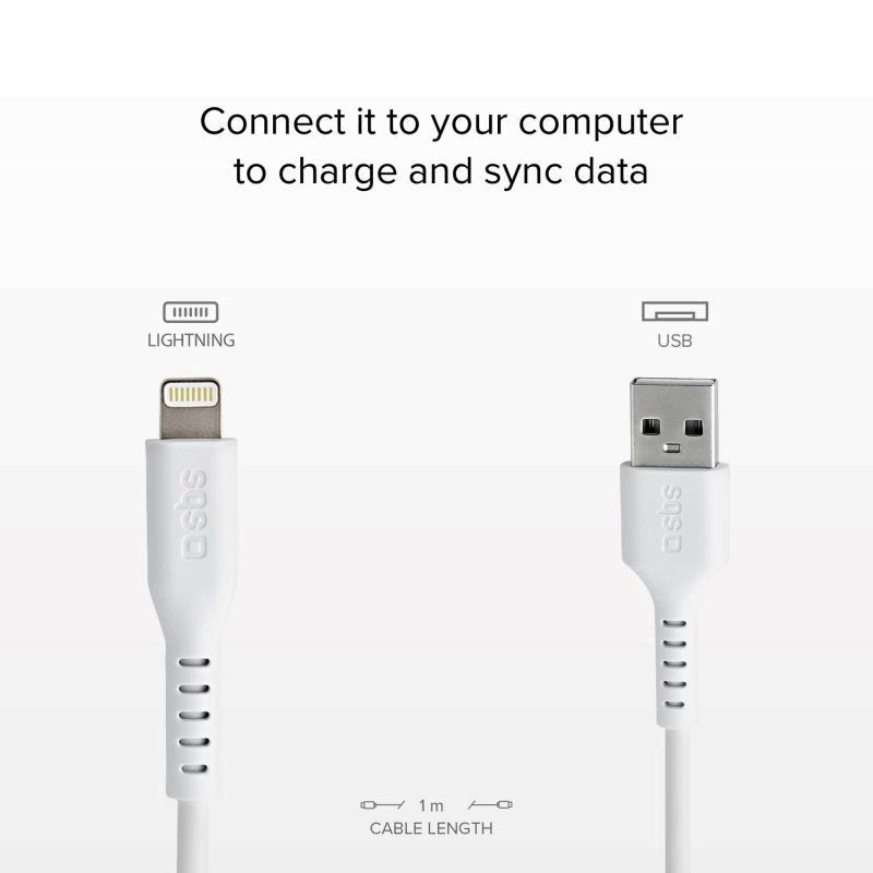 SBS USB-A til Lightning Ladekabel - 1 Meter - MFI - 480 Mbit/s - Hvid