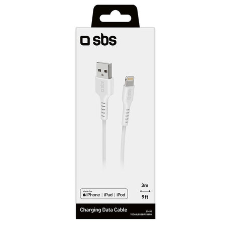 SBS USB-A til Lightning Ladekabel - 3 Meter - MFI - 480 Mbit/s - Hvid