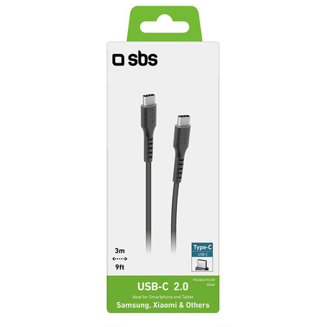 SBS USB-C til USB-C Ladekabel - 3 Meter - 25W (PD) - Sort