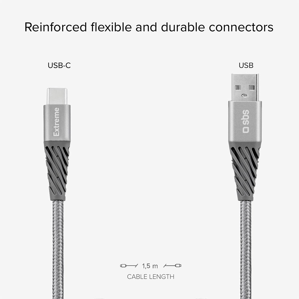 SBS Extreme Collection USB-A til USB-C Flettet Aramid Fiber Ladekabel - 1.5 Meter - 480 Mbit/s - Sort