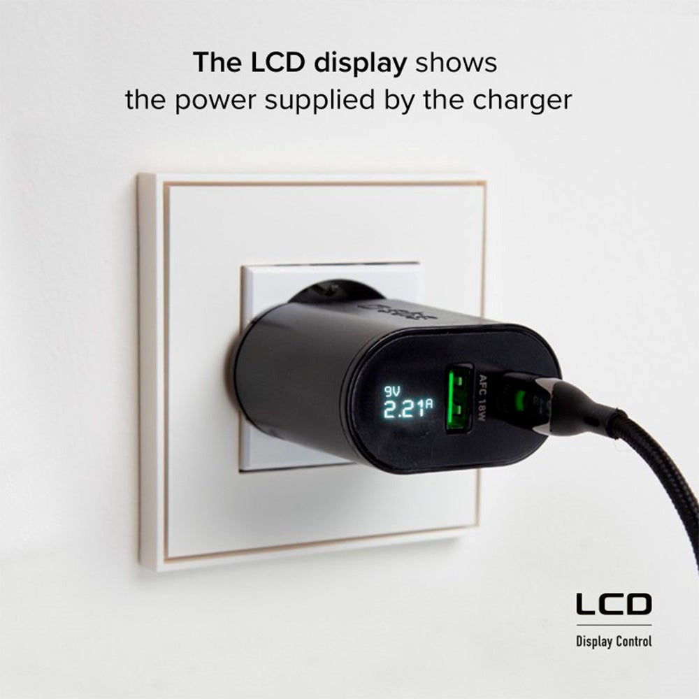 SBS 20W LCD Hurtig Vægoplader m. USB-C PD & USB-A AFC - Sort