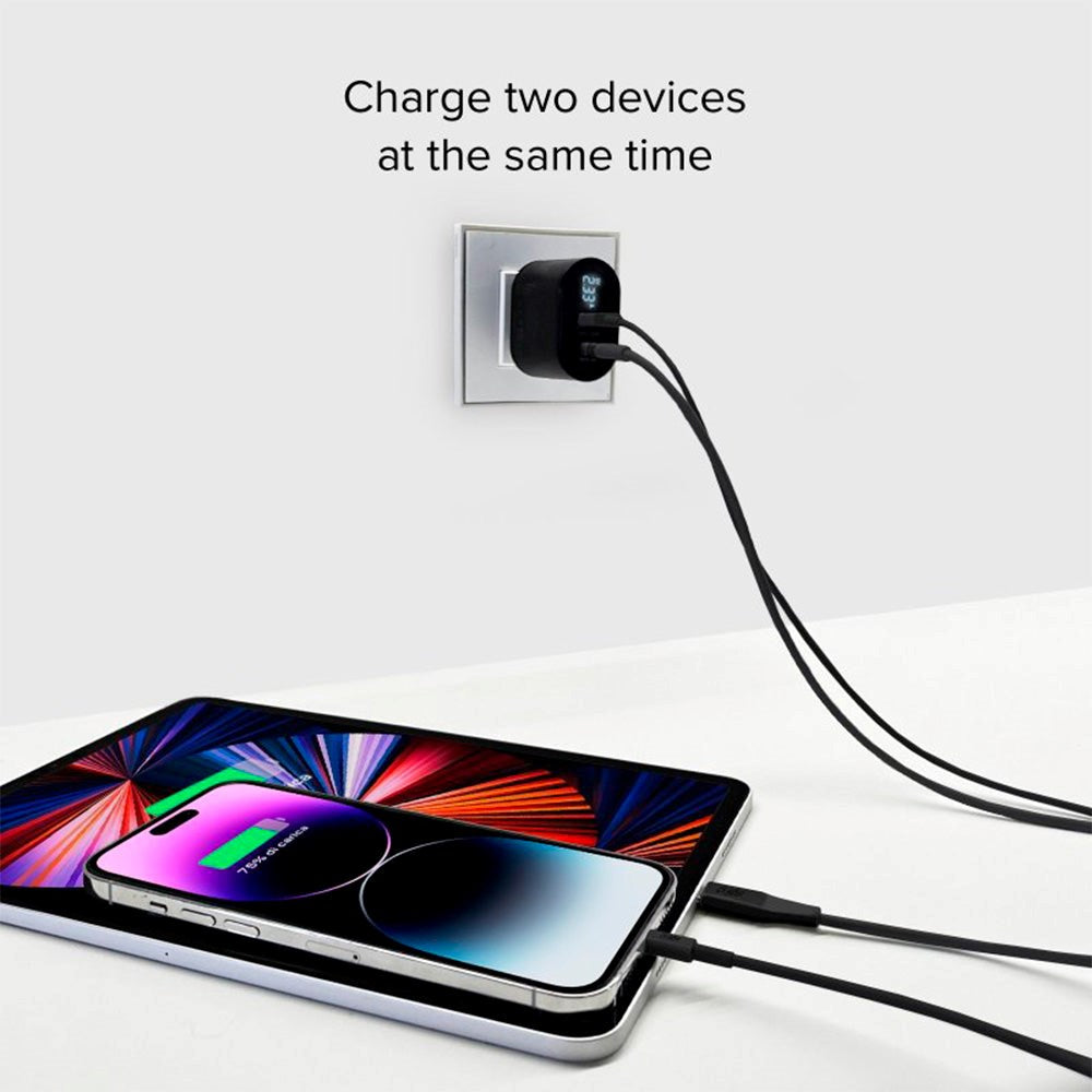 SBS 20W LCD Hurtig Vægoplader m. USB-C PD & USB-A AFC - Sort
