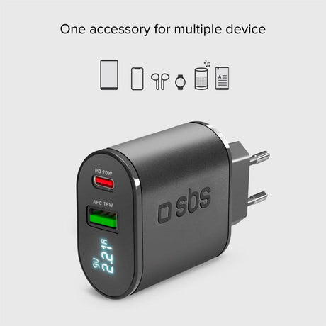 SBS 20W LCD Hurtig Vægoplader m. USB-C PD & USB-A AFC - Sort