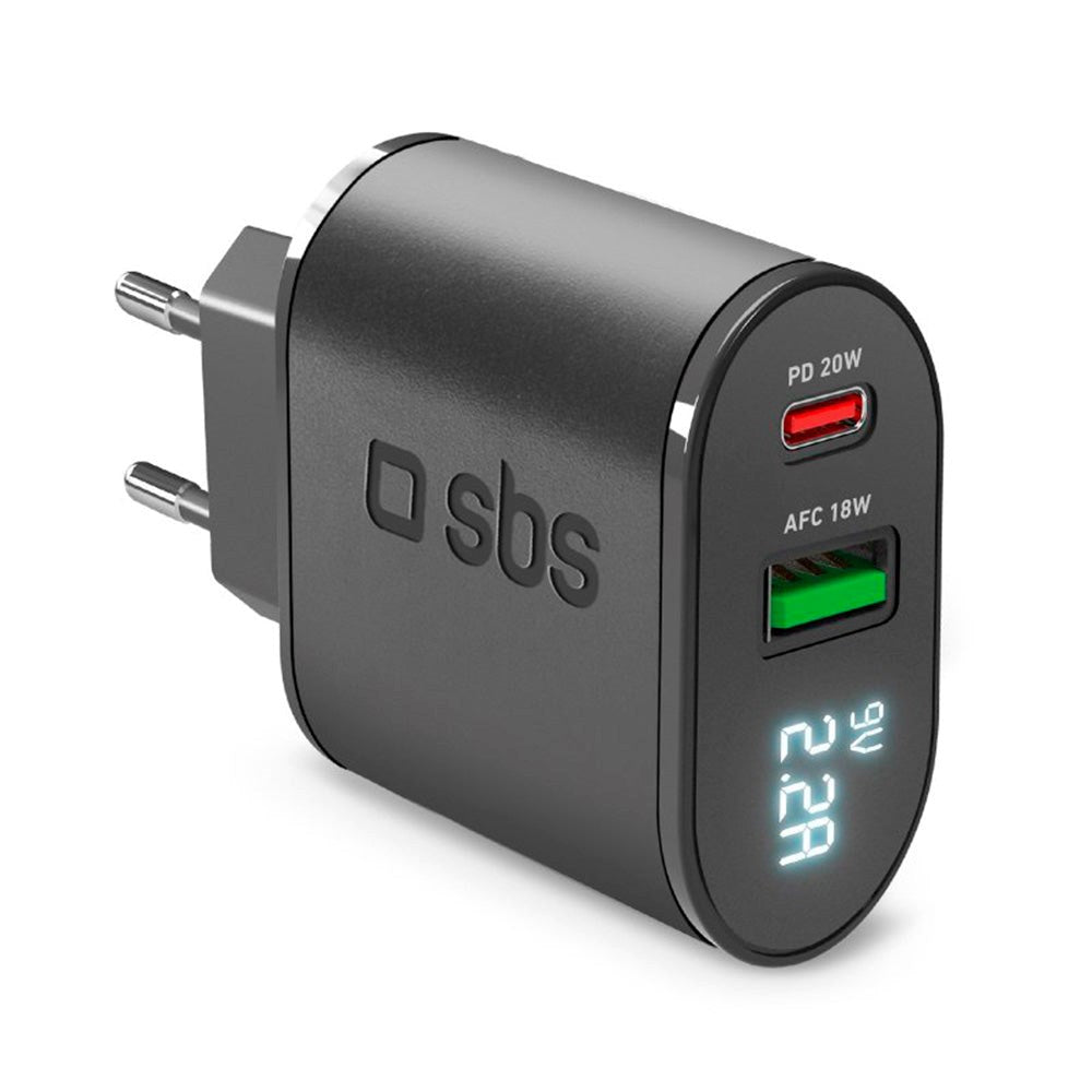 SBS 20W LCD Hurtig Vægoplader m. USB-C PD & USB-A AFC - Sort