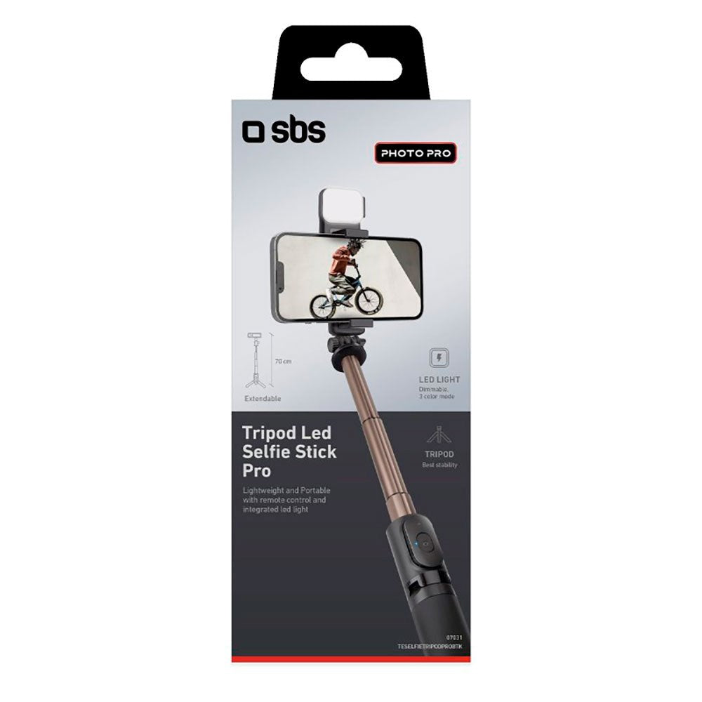 Selfie Stick m. Indbygget LED & Tripod SBS - Max Mobil: 60 - 95mm - Sort