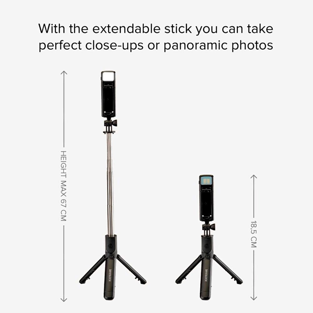 Universal Selfie Stick m. Indbygget LED & Tripod SBS - Max Mobil: 60 - 90mm - Sort