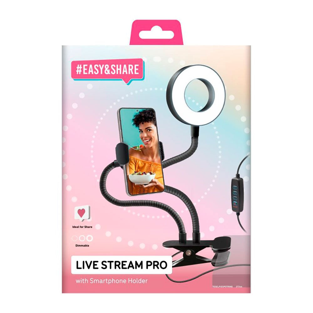 LED Ring Light m. Bordclip, Mobilholder & Justerbare Arme SBS - Max Mobil: 85mm - Sort