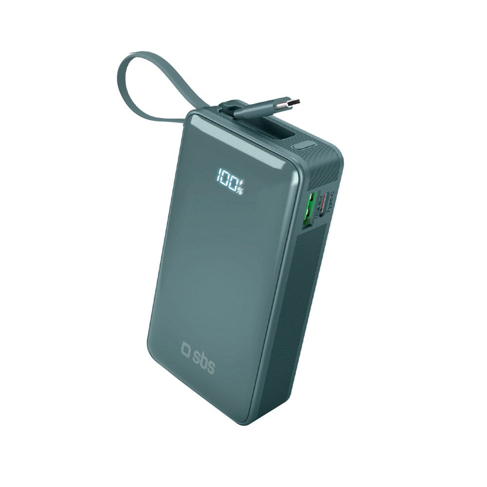 20W LCD PowerBank m. 1x USB-A & 1x USB-C - SBS - 10.000 mAh - Indbygget USB-C Kabel - Lyseblå
