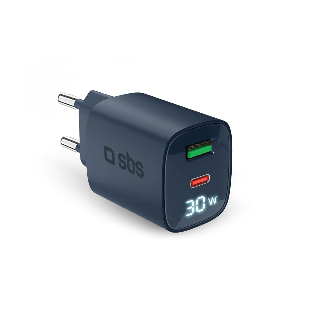 SBS - 30W - LCD Vægoplader - 1x USB-A & 1x USB-C - Blå