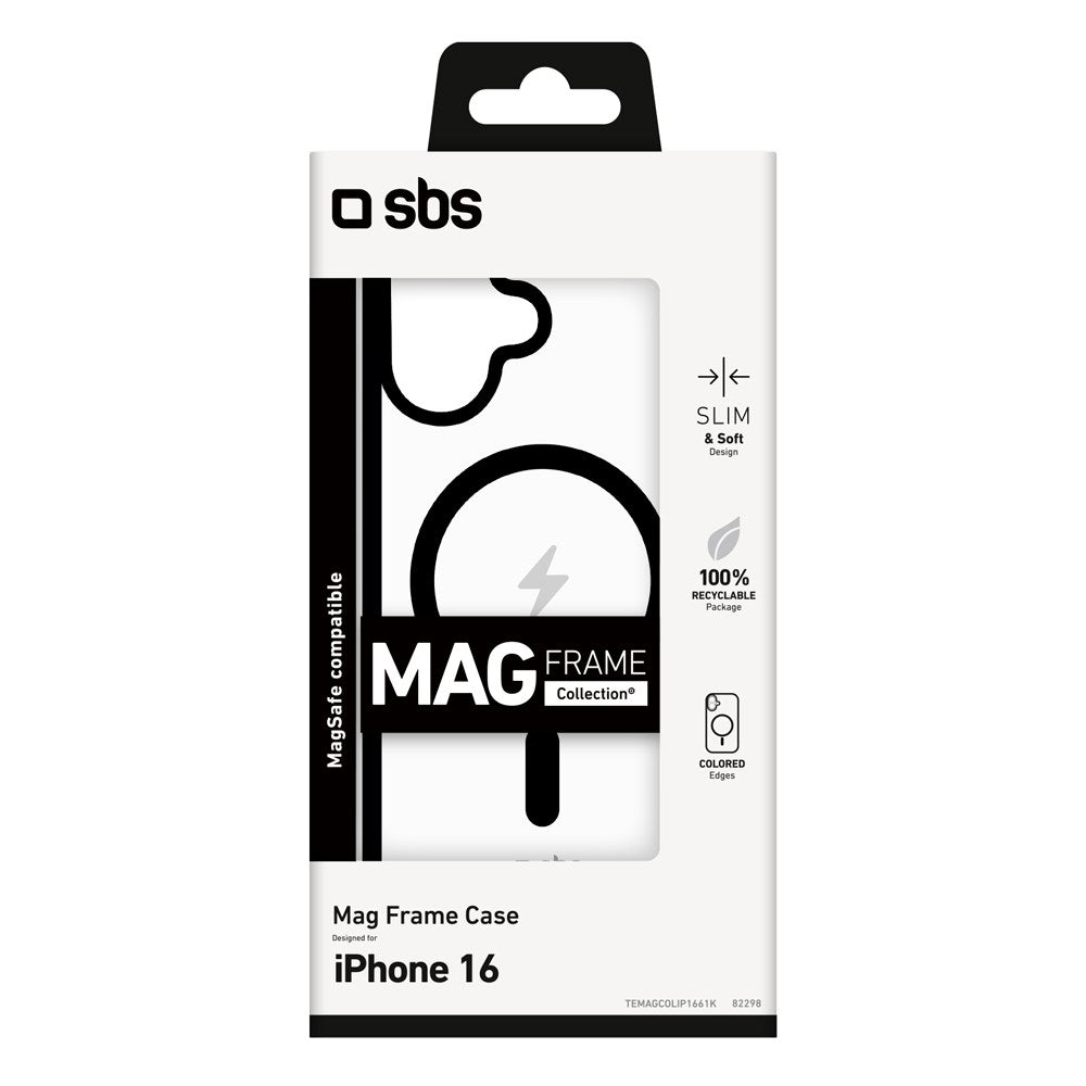 SBS Mag Frame iPhone 16 Mobil Cover - MagSafe Kompatibel - Gennemsigtig / Sort