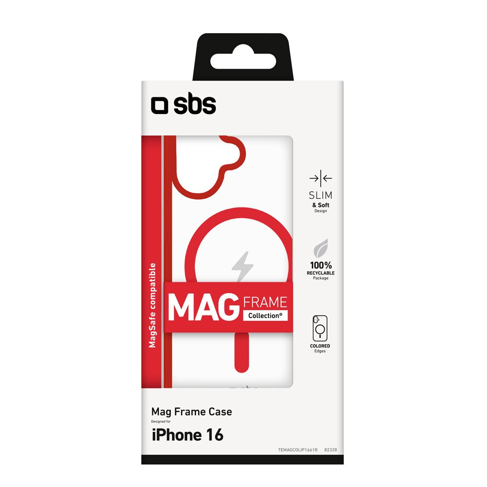 SBS Mag Frame iPhone 16 Mobil Cover - MagSafe Kompatibel - Gennemsigtig / Rød