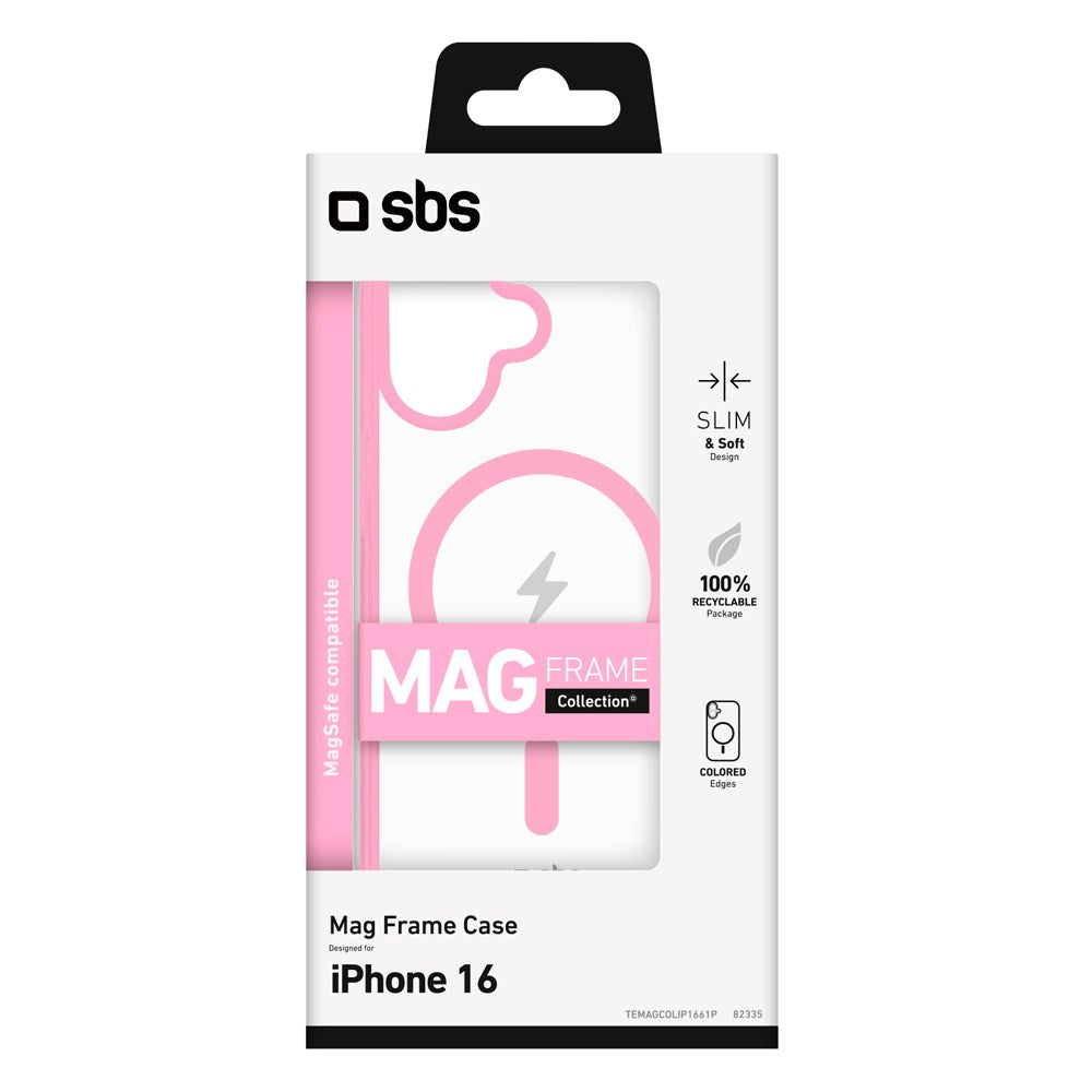 SBS Mag Frame iPhone 16 Mobil Cover - MagSafe Kompatibel - Gennemsigtig / Lyserød