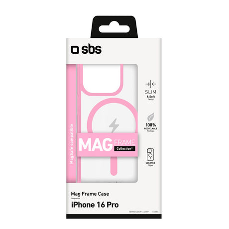 SBS Mag Frame iPhone 16 Pro Mobil Cover - MagSafe Kompatibel - Gennemsigtig / Lyserød