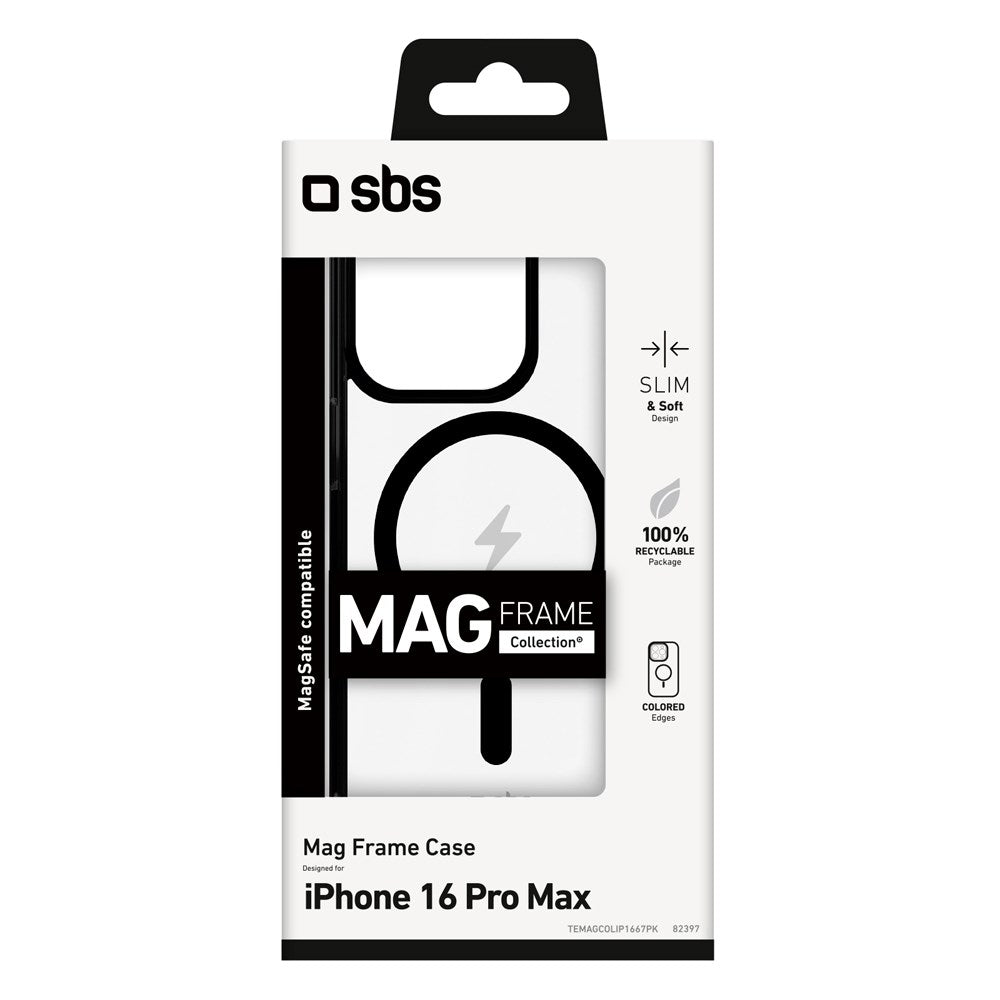 SBS Mag Frame iPhone 16 Pro Max Mobil Cover - MagSafe Kompatibel - Gennemsigtig / Sort