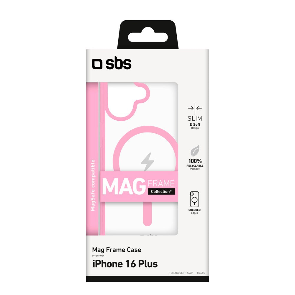 SBS Mag Frame iPhone 16 Plus Mobil Cover - MagSafe Kompatibel - Gennemsigtig / Lyserød