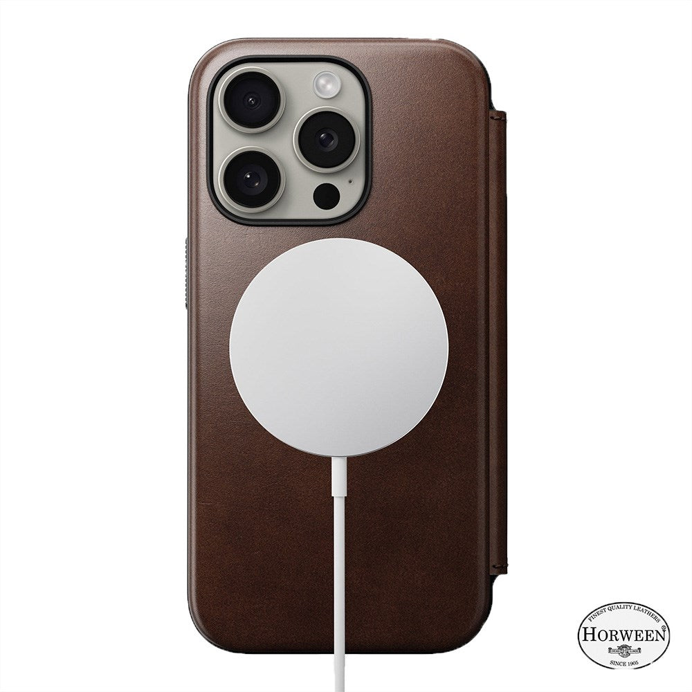 iPhone 15 Pro Nomad Modern Horween Leather Folio Case - MagSafe Kompatibel - Brun