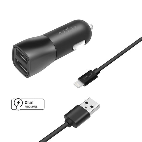 Fixed Dual Biloplader 15W - 2 x USB-A - 1 x USB-A til USB-C Kabel - Sort