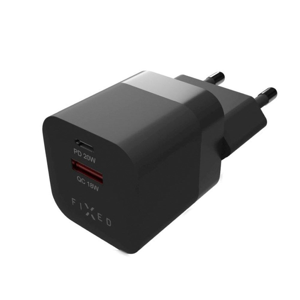 Fixed Mini Vægoplader 20W med USB-A & USB-C - Sort