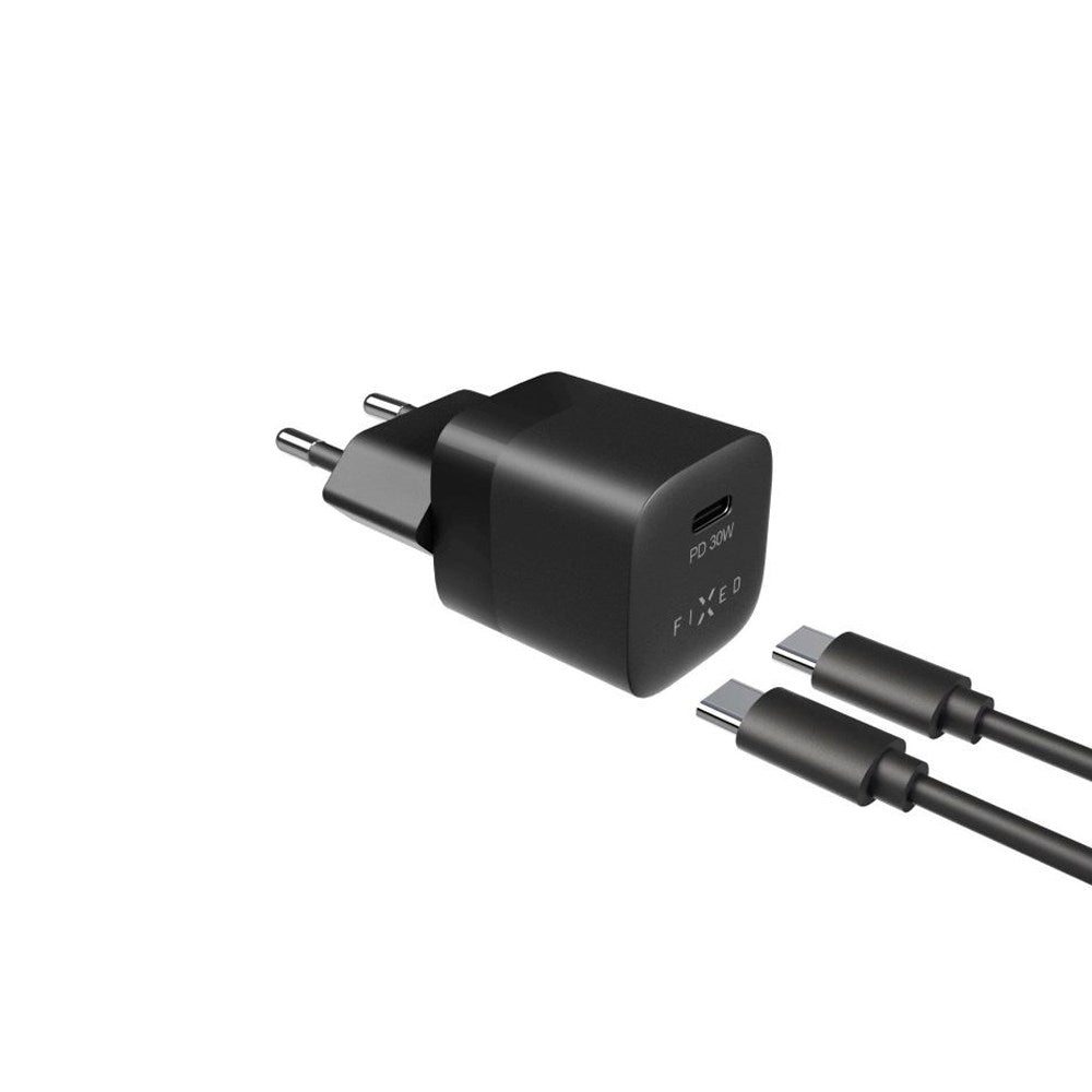 Fixed 30W PD USB-C Hurtig Vægoplader m. USB-C til USB-C Kabel - Sort