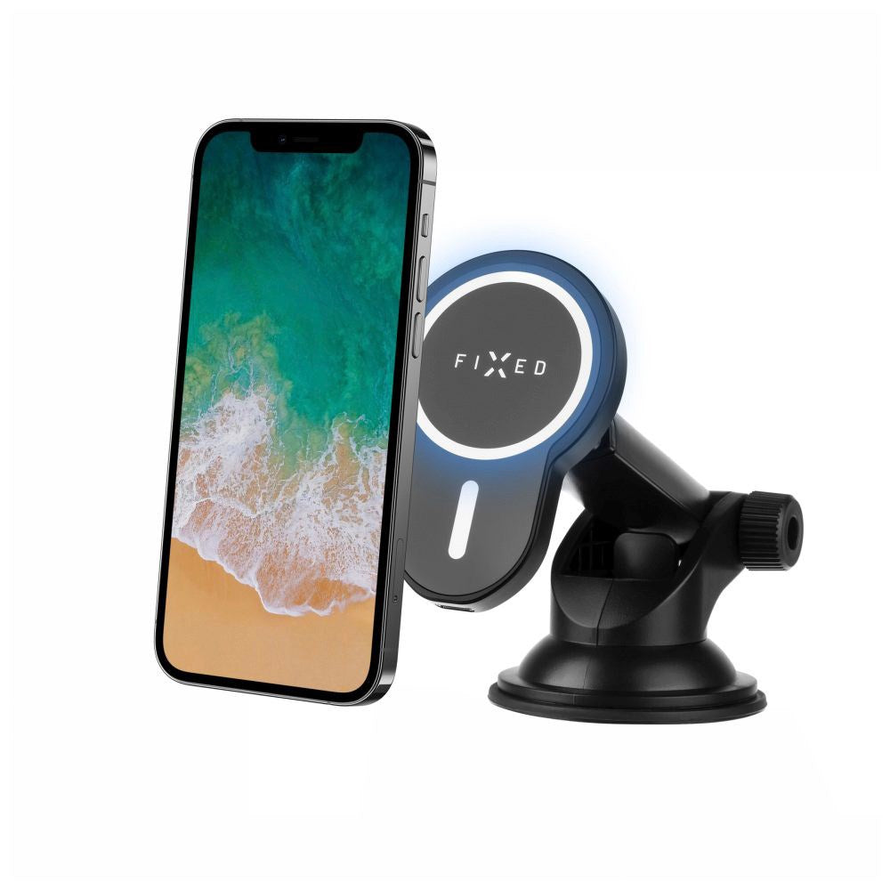 Fixed MagClick XL Magnetisk Bilholder m. Trådløs Opladning 15W til Forrude / Dashboard - MagSafe Kompatibel - Sort