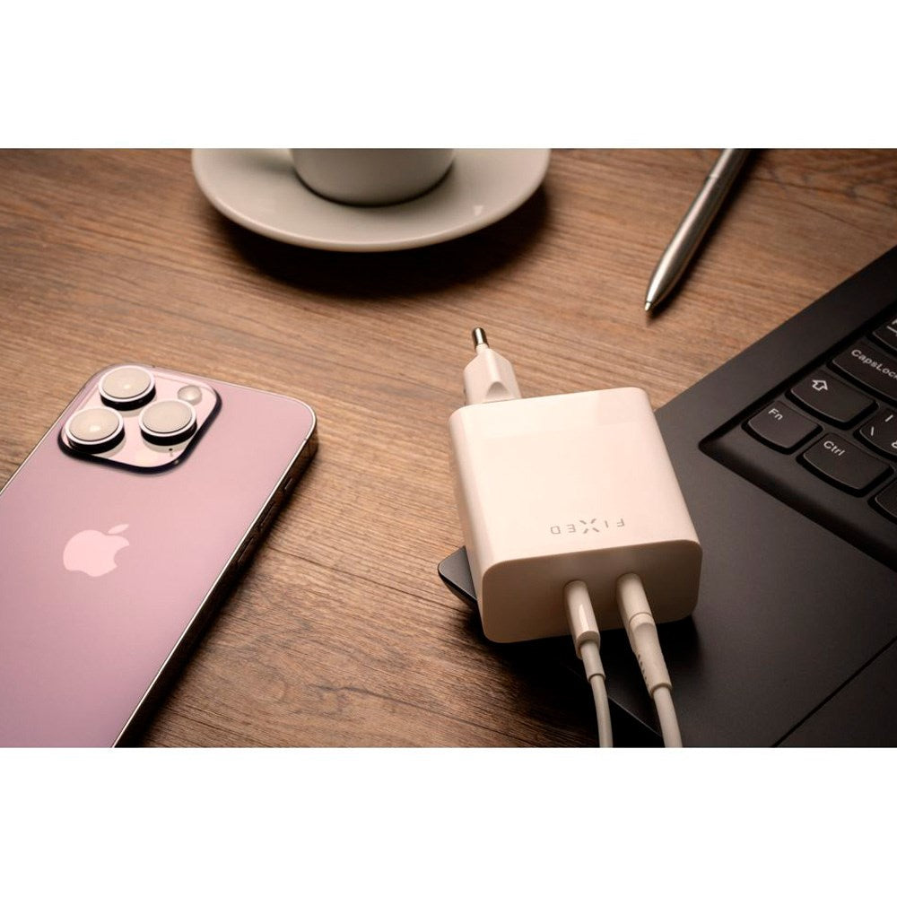 Fixed PD 65W Hurtig Vægoplader 2x USB-C - Hvid