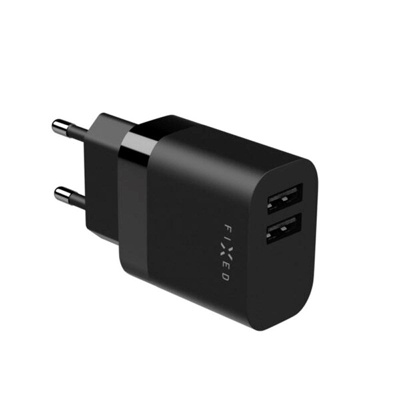 Fixed - Vægoplader m. 2x USB-A / 1x USB-C Kabel - 17W - 1m - Sort