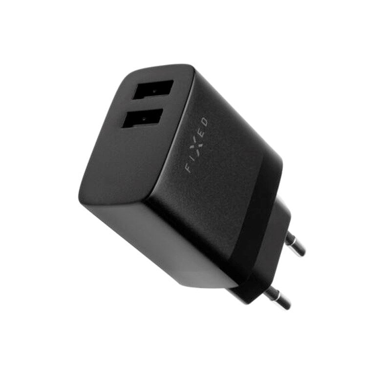 Fixed - Vægoplader m. 2x USB-A / 1x USB-C Kabel - 17W - 1m - Sort
