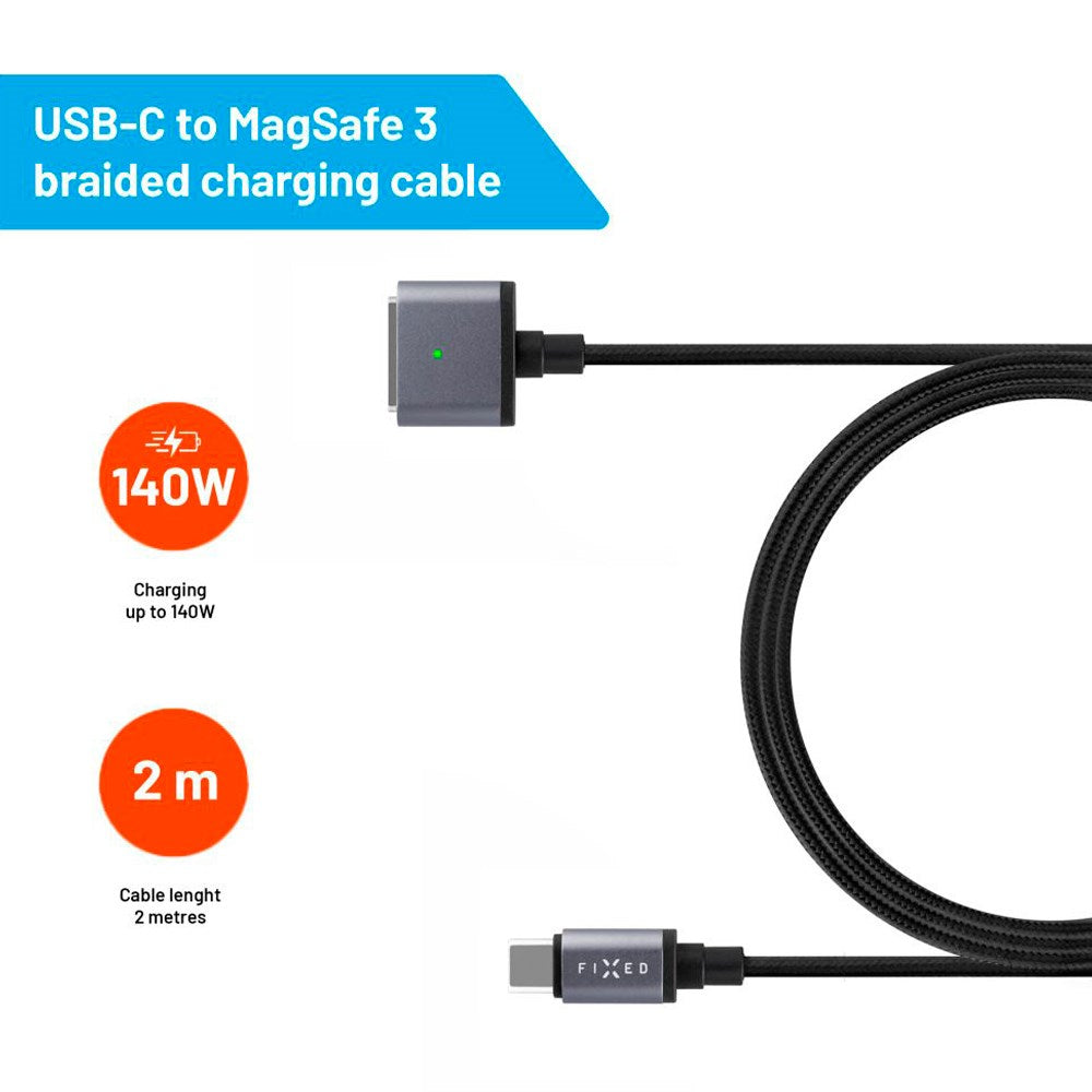 Fixed Braided 140W USB-C til MagSafe 3 Kabel - 2m - Grå