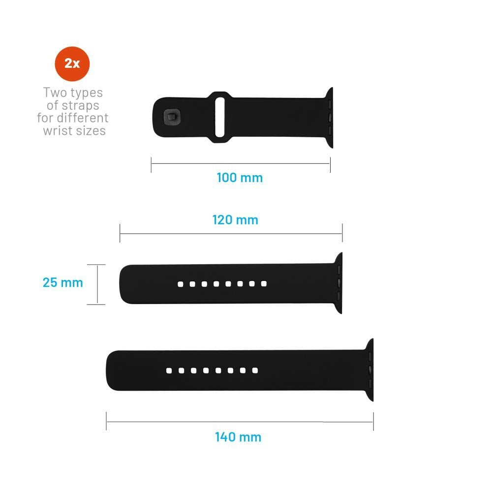 Apple Watch (42/44/SE/45/46/49mm) Fixed Wide Sporty Silikone Rem Sæt - 2 Længder - Sort