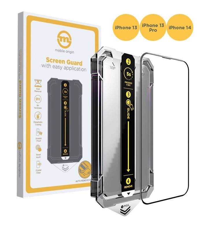 iPhone 16e / 14 / 13 / 13 Pro - Mobile Origin Skærmbeskyttelsesglas m. Applikator - Gennemsigtig / Sort Kant