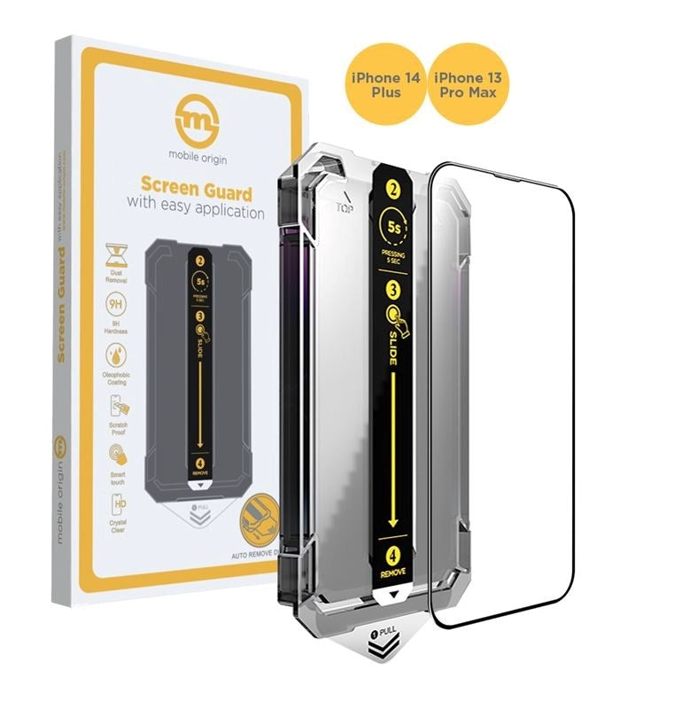 iPhone 14 Plus / 13 Pro Max - Mobile Origin Skærmbeskyttelsesglas m. Applikator - Gennemsigtig / Sort Kant