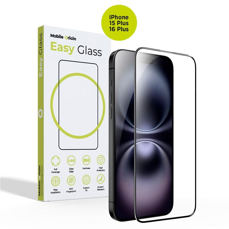 iPhone 15 Plus / 16 Plus Mobile Origin EasyGlass Beskyttelsesglas - Gennemsigtig / Sort Kant