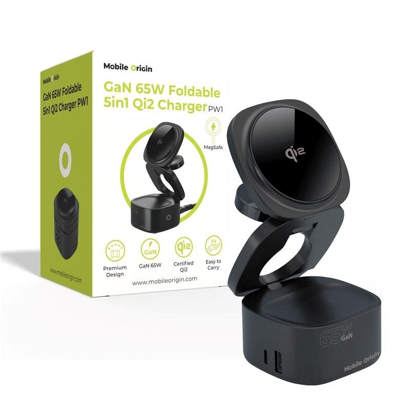 Mobile Origin Foldbar Qi2 Trådløs Oplader- 5-in-1 Ladefunktion - 65W - Sort