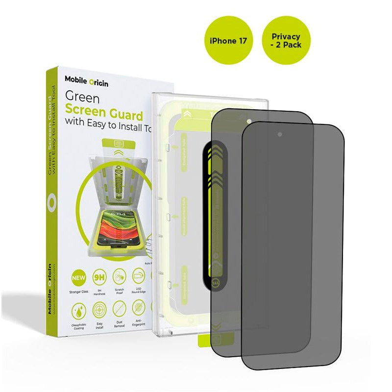 Mobile Origin iPhone 17 Screen Guard Skærmbeskyttelse inkl. Monteringssæt - Privacy Funktion - 2 stk. - Gennemsigtig