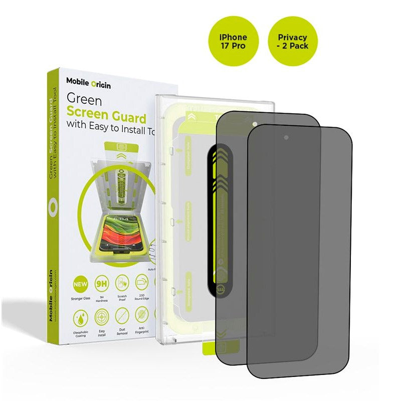 Mobile Origin iPhone 17 Pro Screen Guard Skærmbeskyttelse inkl. Monteringssæt - Privacy Funktion - 2 stk. - Gennemsigtig