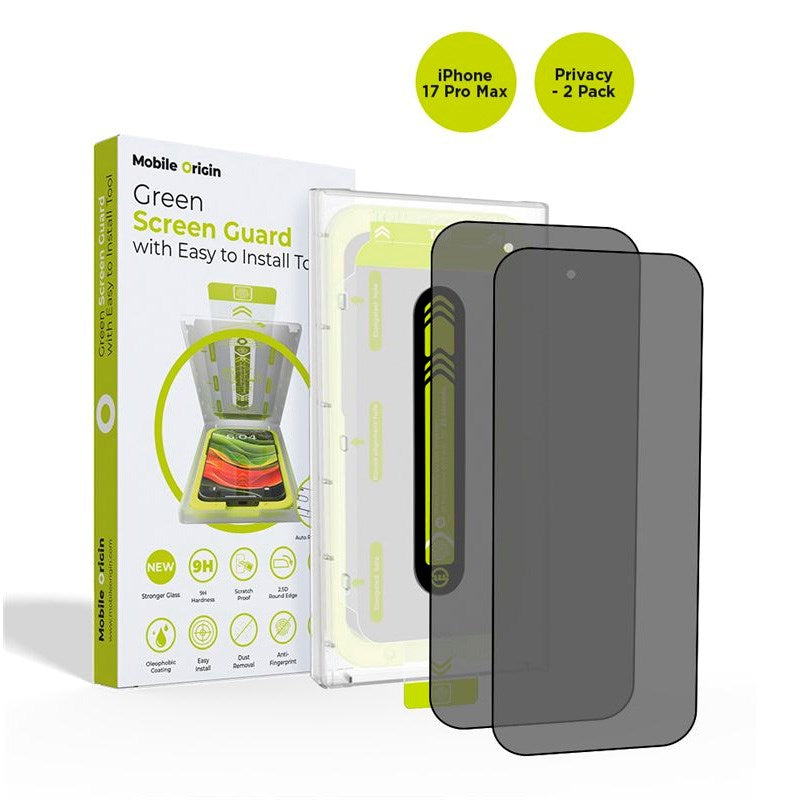 Mobile Origin iPhone 17 Pro Max Screen Guard Skærmbeskyttelse inkl. Monteringssæt - Privacy Funktion - 2 stk. - Gennemsigtig