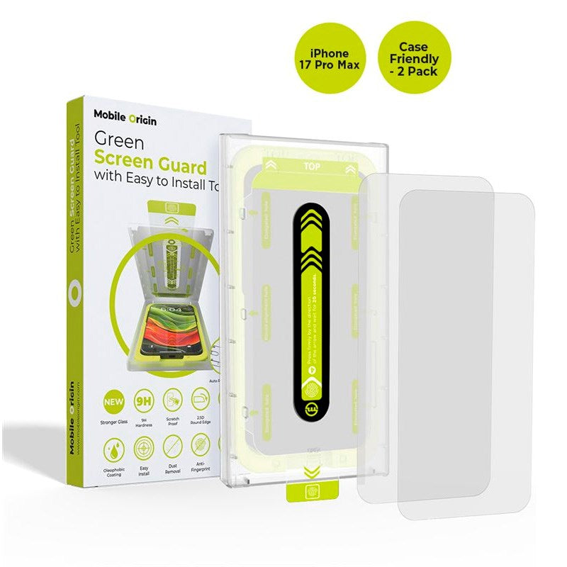 Mobile Origin iPhone 17 Pro Max Skærmbeskyttelsesglas m. Monteringskasse - Case Friendly - 2 stk. - Gennemsigtig