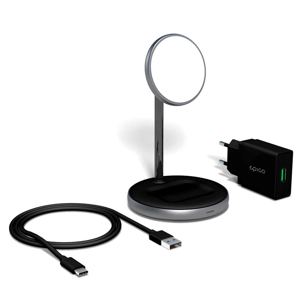 Epico Magnetisk Duo Trådløs Oplader 15W m. 18W QC Vægoplader - MagSafe Kompatibel - Space Grey