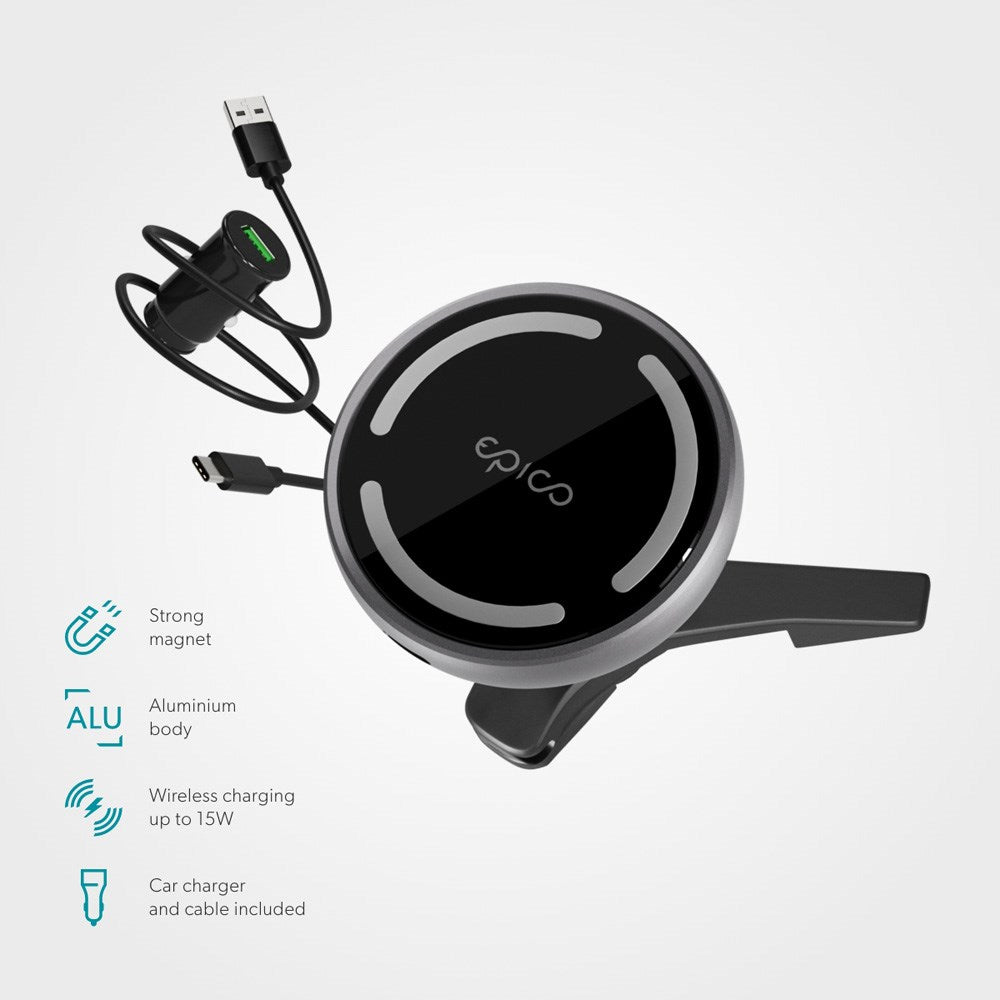 Epico Magnetisk Mobilholder til Bilens Ventilation m. 15W Trådløs Opladning - MagSafe Kompatibel - Sort